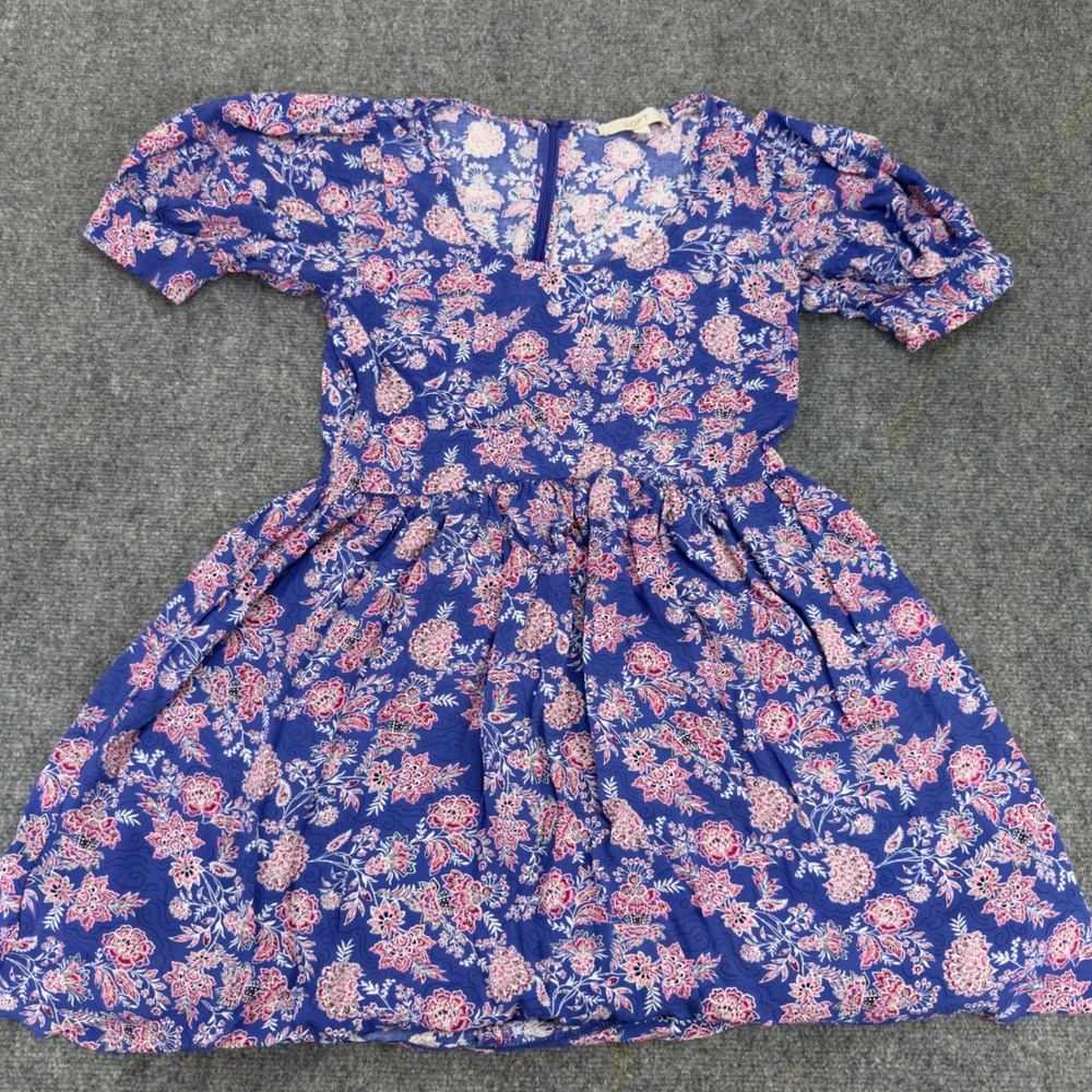 LOFT Floral Puff Sleeve Fit and Flare Mini Dress Blue Pink Size 0